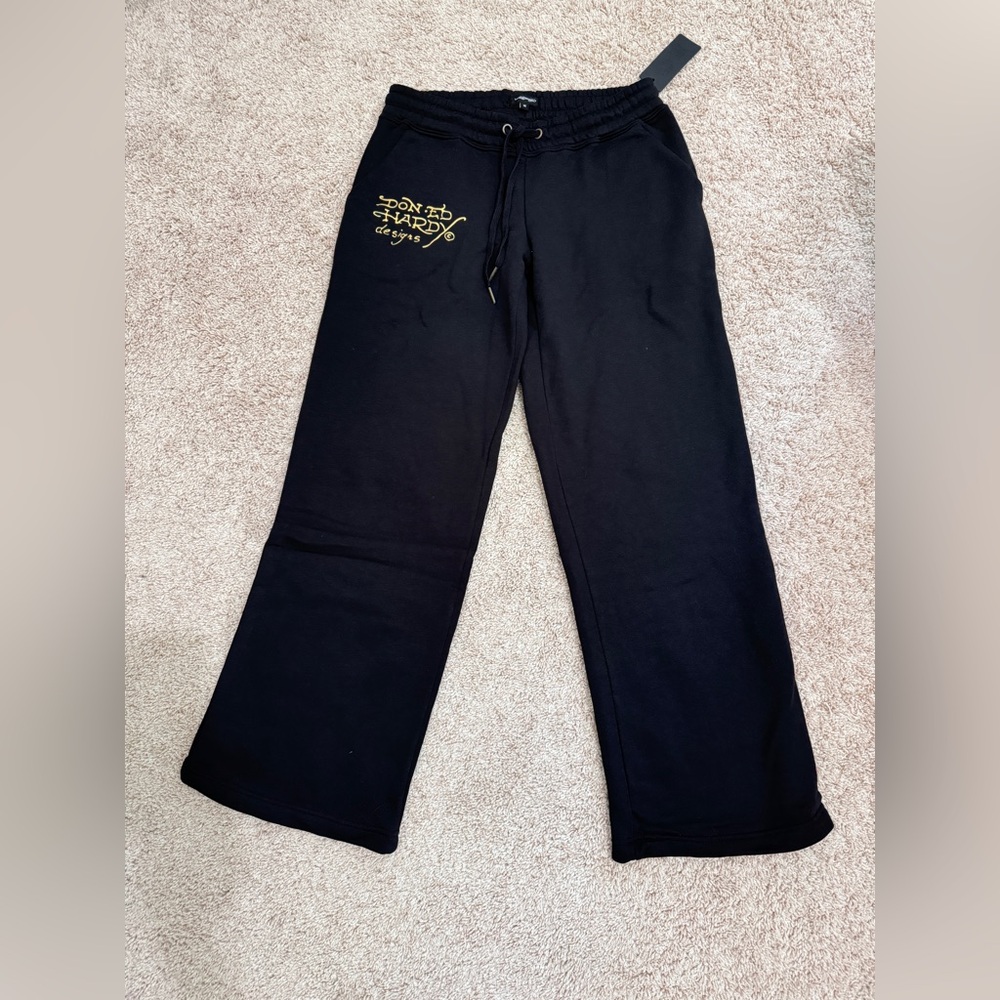 NWT Ed Hardy Black Sweatpants Wide Leg Size M - Picture 3 of 7